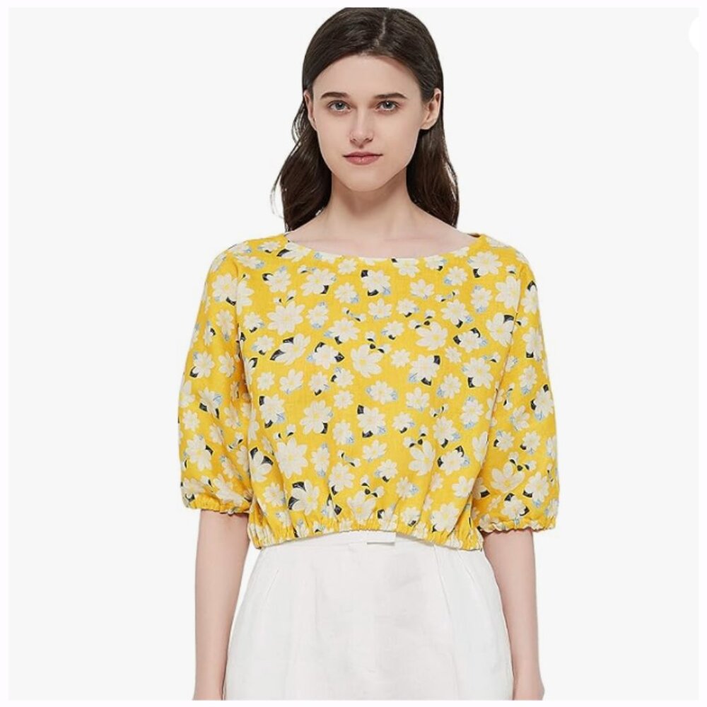 Pacibe 100% Linen Floral Cropped Fit Top Shirt Spring Women's Size Medium